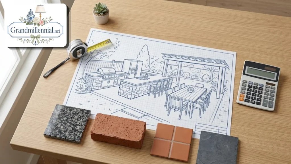 Desk with a patio kitchen sketch, tape measure, calculator and countertop material samples