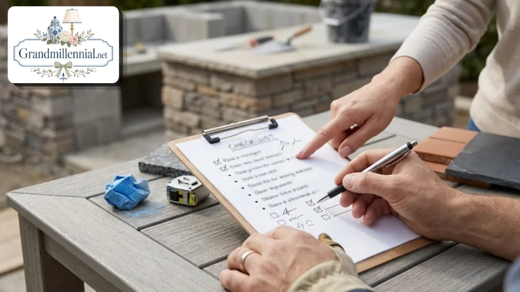 Homeowner reviewing a checklist on a clipboard beside a half-built stone kitchen island