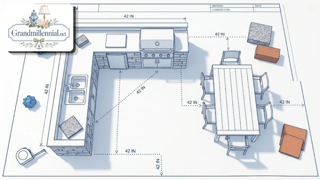 Top-down layout of an L-shaped outdoor kitchen with a dining table and clear walkway