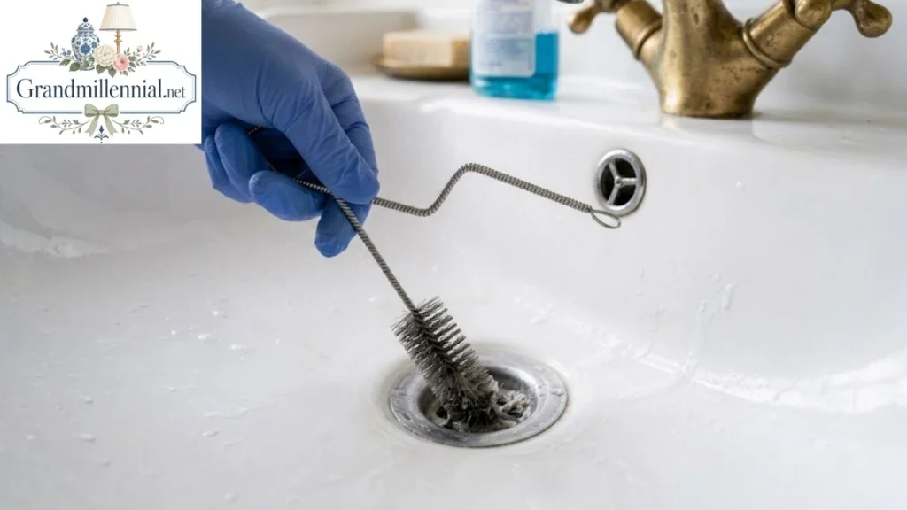 Scrubbing a sink drain with a brush to remove drain fly breeding slime