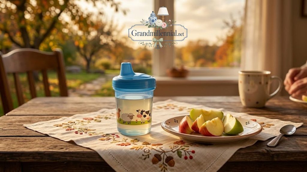 Small cup of diluted apple juice with apple slices for a child