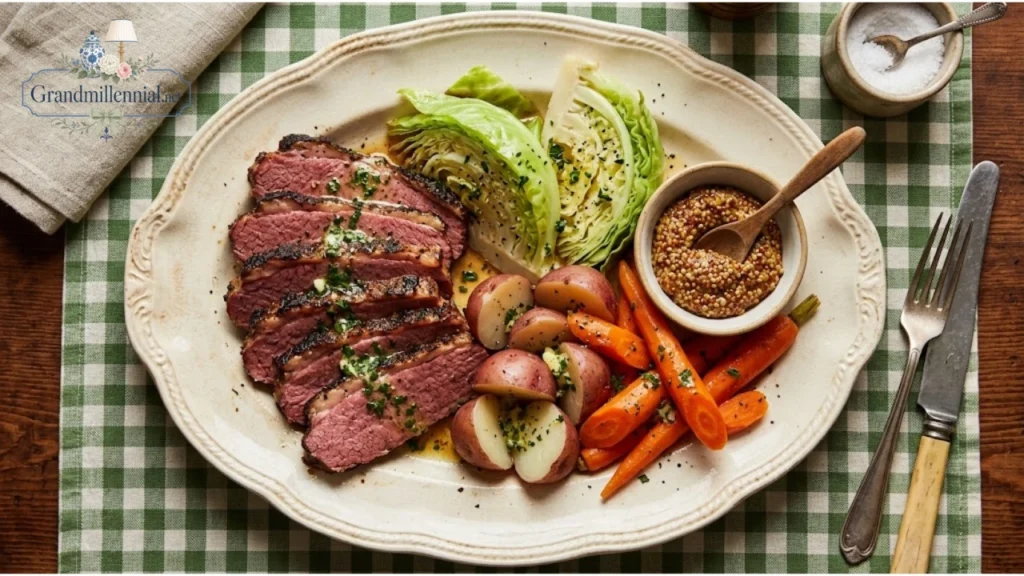 Sliced corned beef and cabbage with potatoes and carrots on a platter