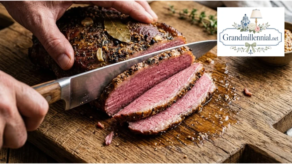 Slicing corned beef brisket against the grain
