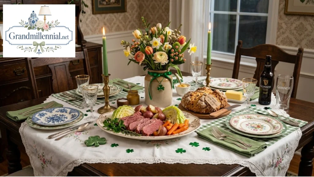 St. Patrick's Day dinner table with corned beef and cabbage