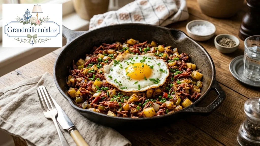 Corned beef hash with a fried egg in a cast-iron skillet