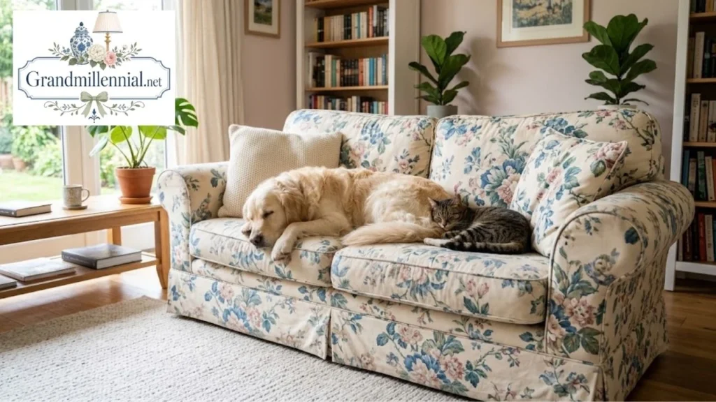 Dog and cat relaxing on a clean sofa in a flea-free home