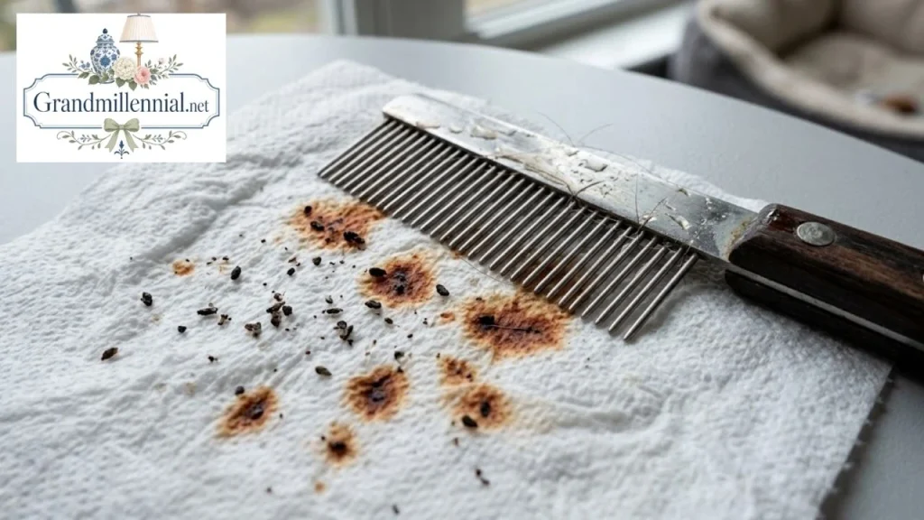 Flea comb and flea dirt on a damp paper towel