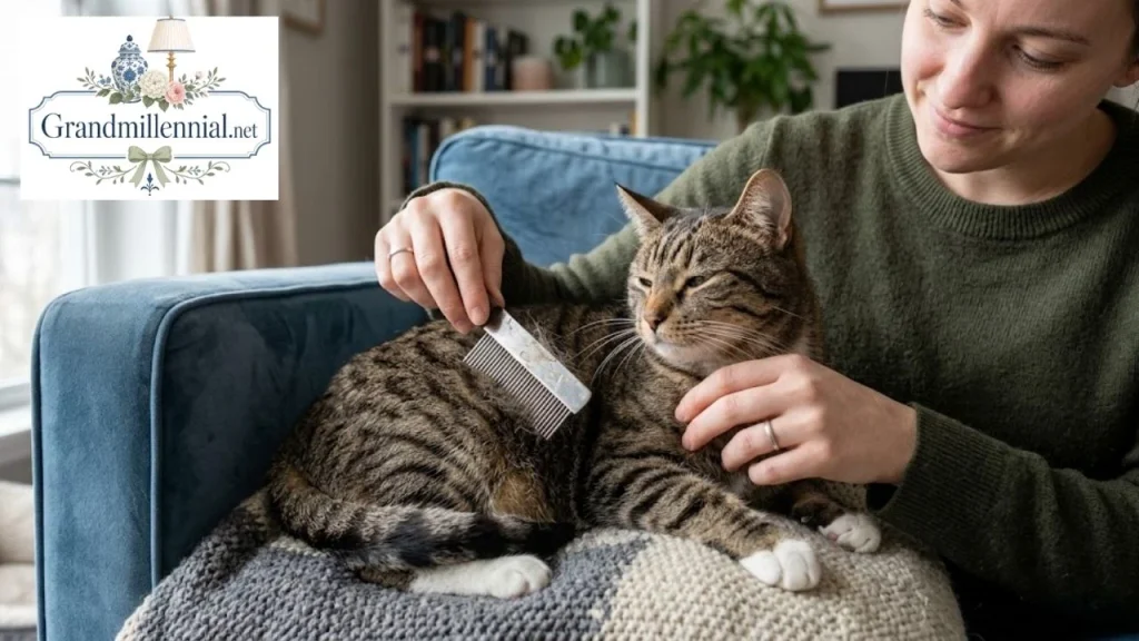 Combing a cat with a flea comb