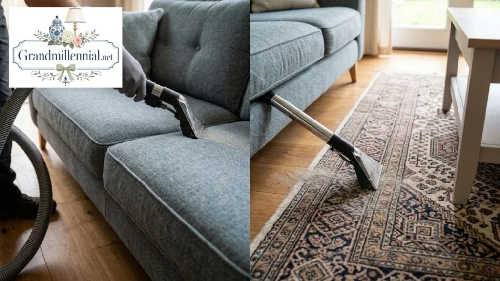 Vacuuming sofa and rug edges to remove flea eggs and larvae