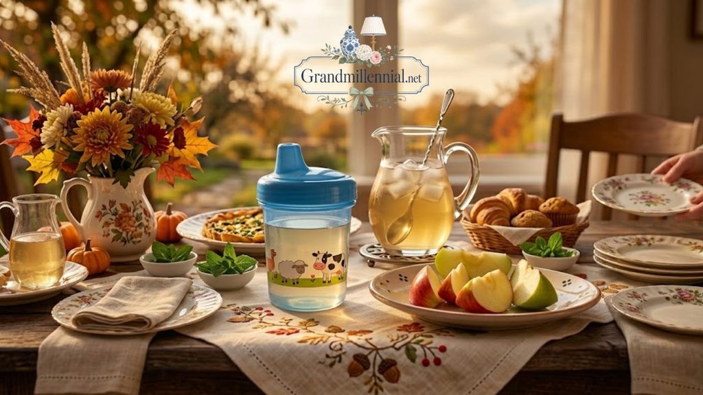 Apple juice served at a floral autumn brunch table