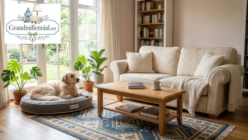 Living room with washable pet bed and low-pile rug for flea prevention