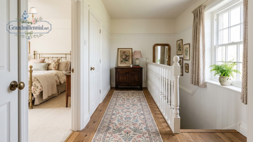 Upstairs landing with engineered wood floor and floral runner