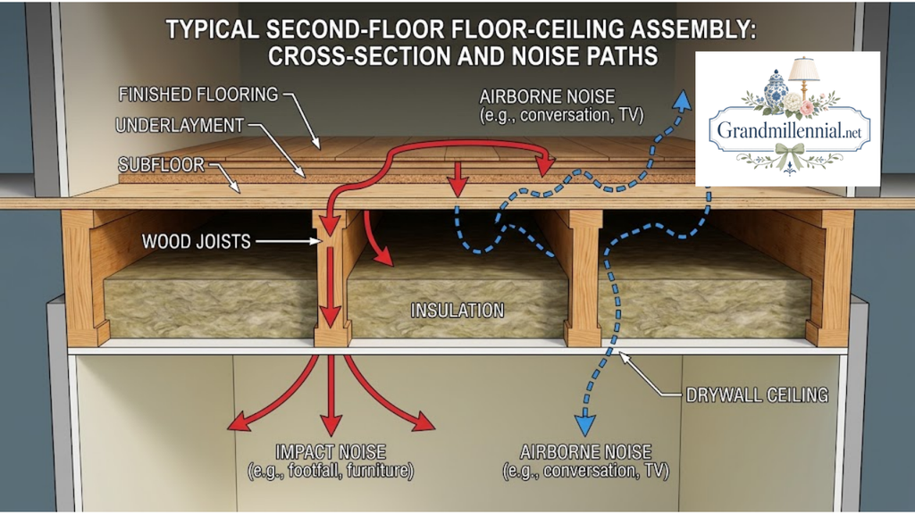 Diagram of how impact and airborne noise travel through a second floor