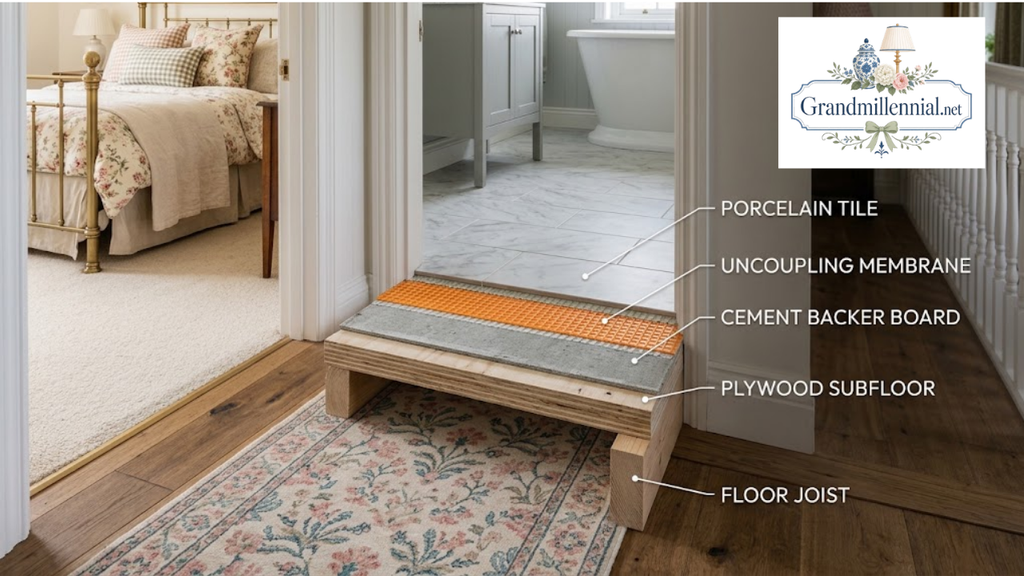 Layers under a tiled upstairs bathroom floor