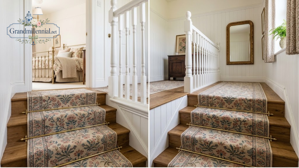 Wood staircase with runner leading to upstairs landing