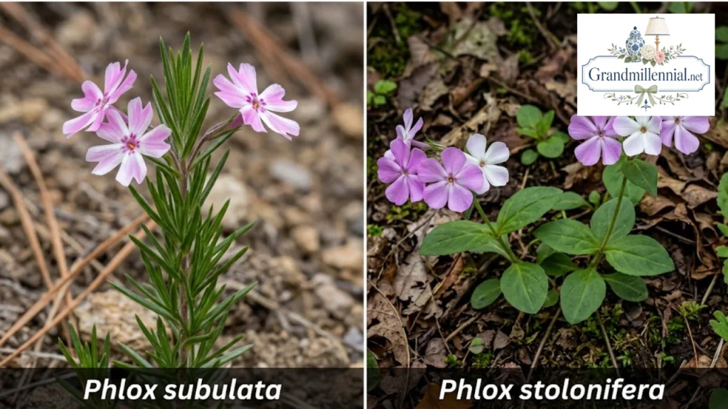 Phlox subulata needle leaves compared with Phlox stolonifera rounded leaves