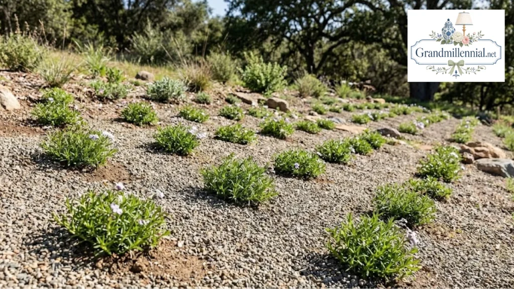 Young creeping phlox plants spaced on a slope with gravel mulch