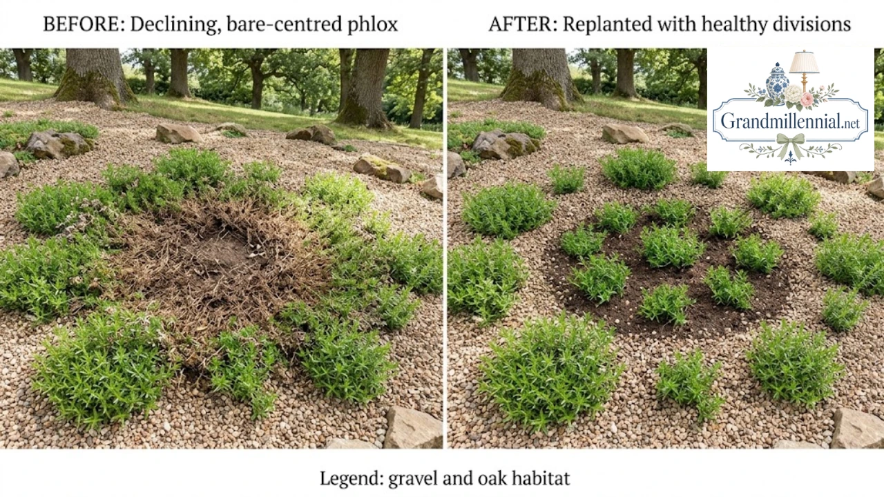 Creeping phlox with a brown Centre before and after division