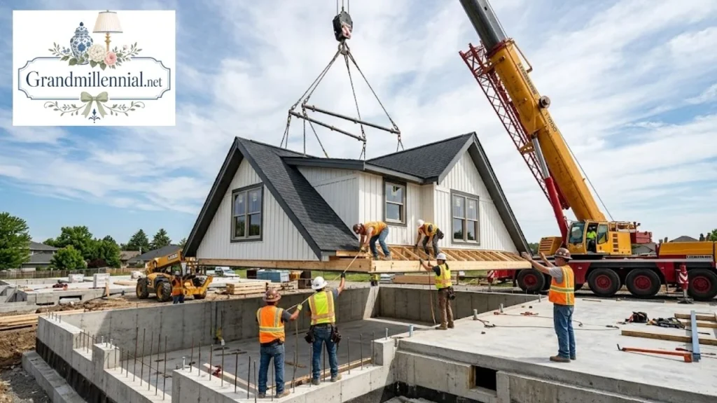 Modular home section lifted by crane onto foundation