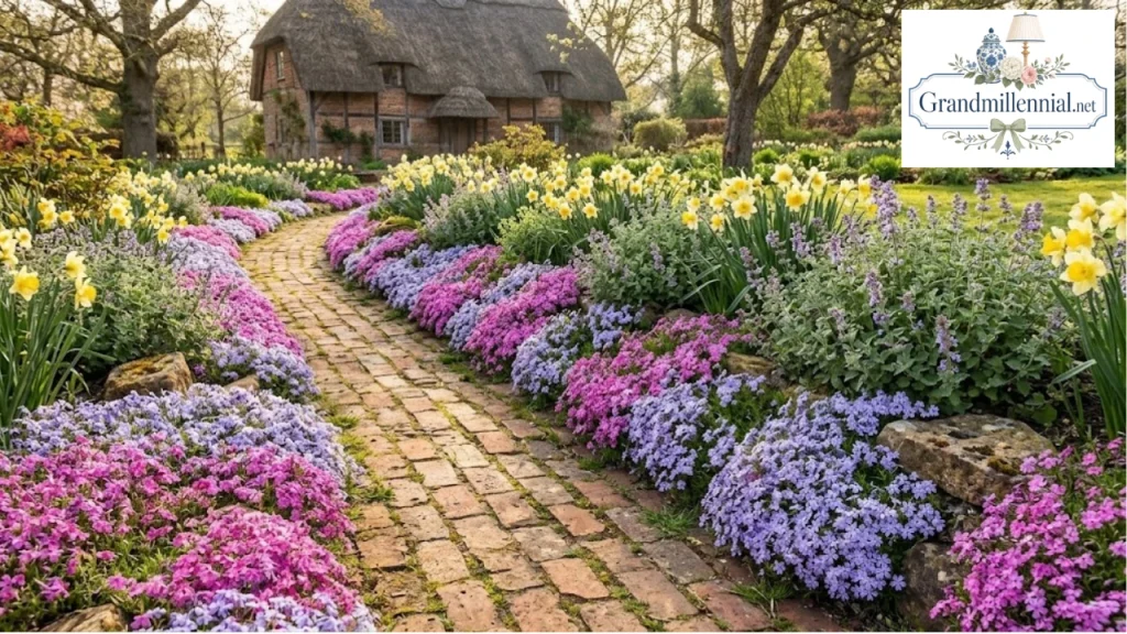 Brick garden path edged with creeping phlox and spring flowers