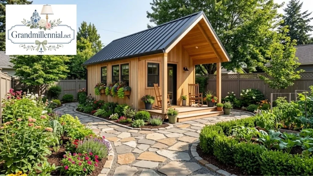Prefab backyard ADU with porch and garden