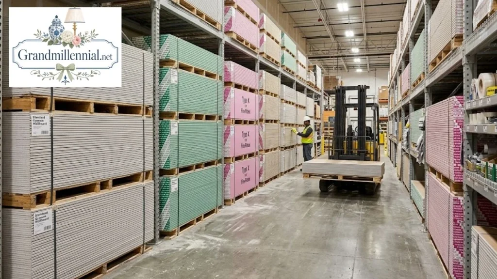Different types of drywall panels stacked in a store