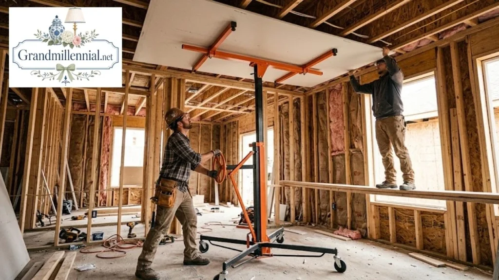 Hanging drywall on a ceiling with a drywall lift