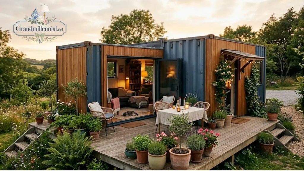 Shipping container home with timber cladding and glass doors at dusk