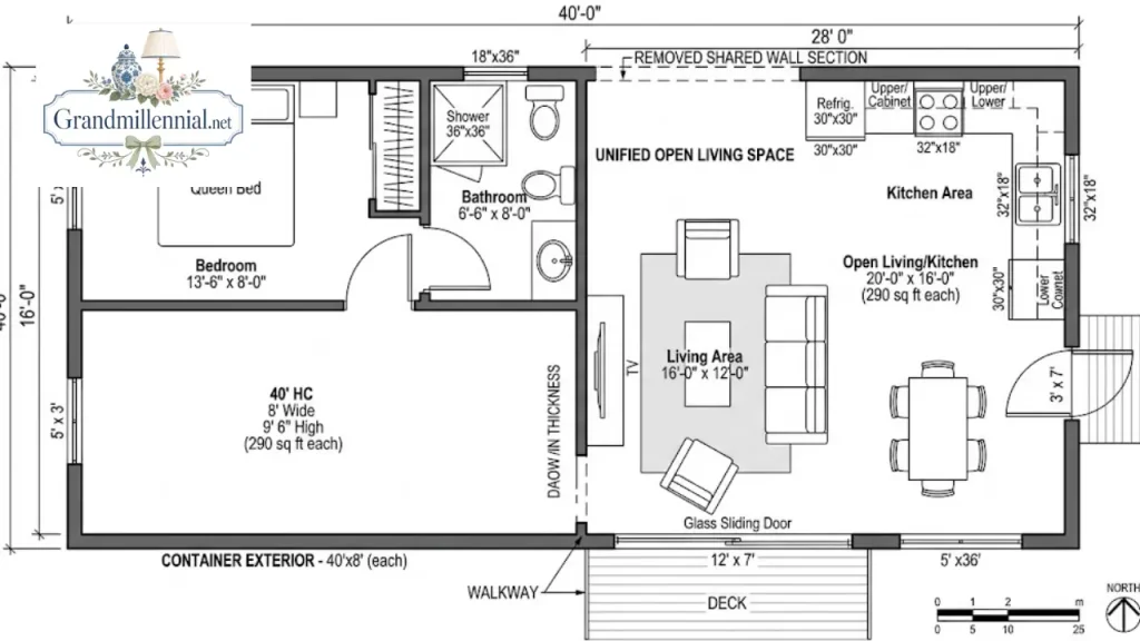 Floor plan of a two-container home made from 40 ft high cubes