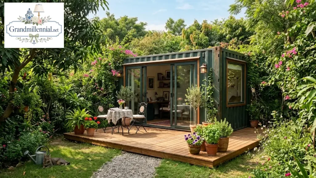 Single shipping container backyard studio with deck