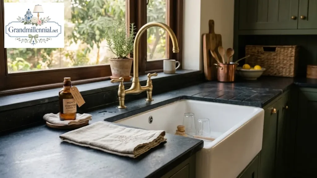 Soapstone kitchen countertop with farmhouse sink and mineral oil