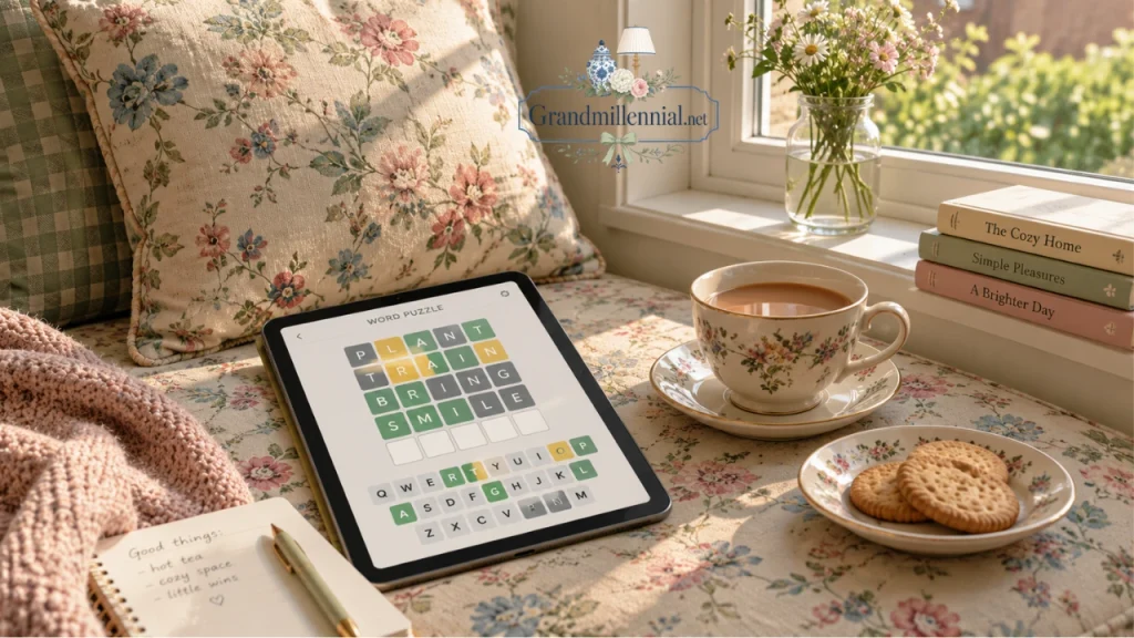 Morning tea and a word puzzle in a cozy window seat