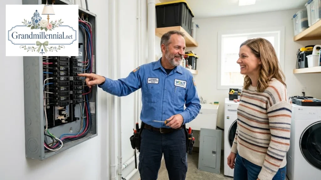 Electrician explaining a breaker panel to a homeowner