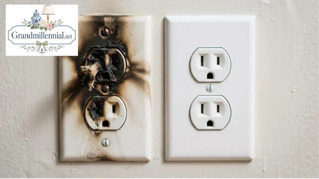 Scorched outlet next to a normal outlet showing an electrical warning sign