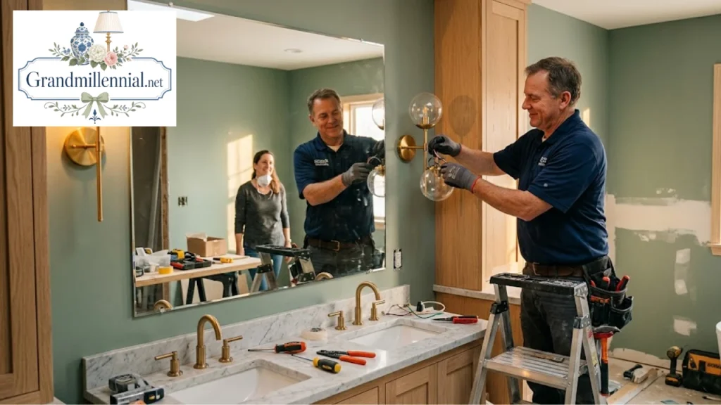 Electrician installing bathroom sconces during a renovation